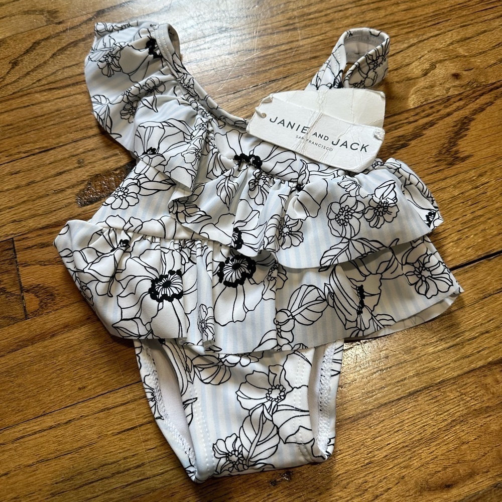 NWT Janie and Jack Floral Stripe Ruffle One Piece Swimsuit Sz 3-6 months